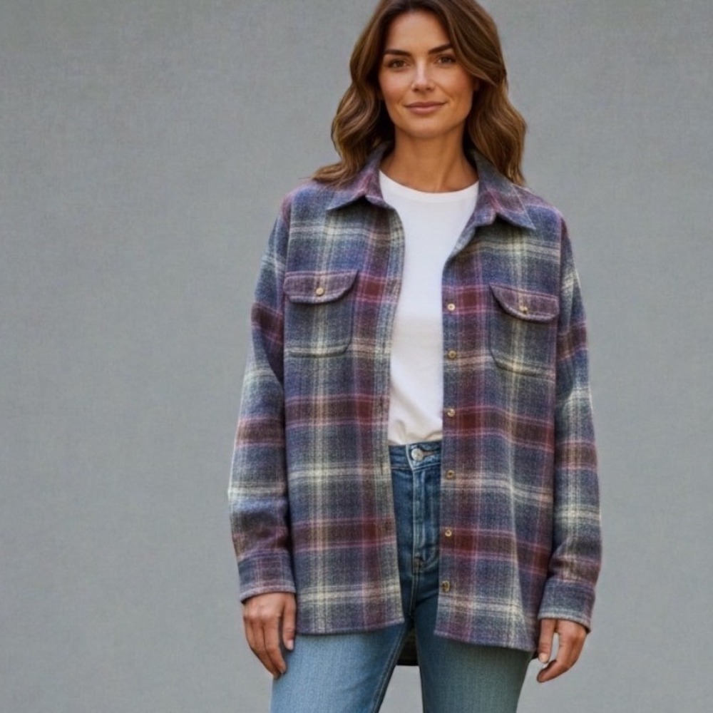 Woolrich Womens Purple Blue Plaid 100% Wool Flannel Shirt L Lumberjack Rustic - Picture 1 of 10